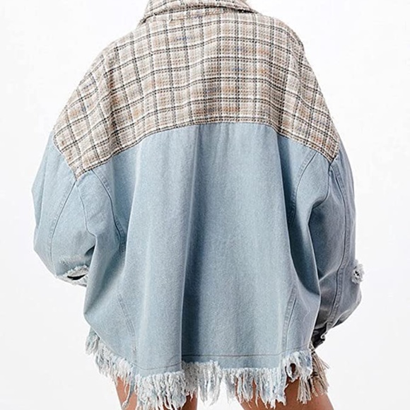 Womens Multimedia Denim Tweed Fringed Jacket sz sm - Picture 3 of 7